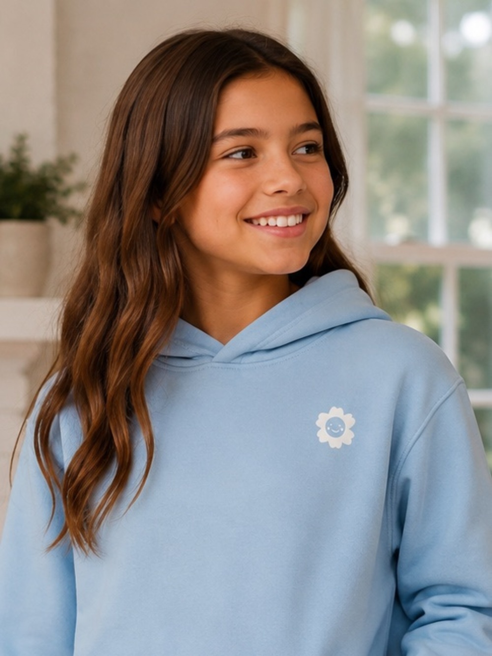 Amazon Light Blue Kids Hoodie with White Flower Emblem